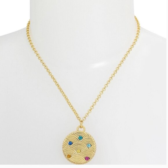 NWT KURT GEIGER PENDANT NECKLACE GOLD TONE W MULTICOLOR STONE W BAG - Picture 1 of 3